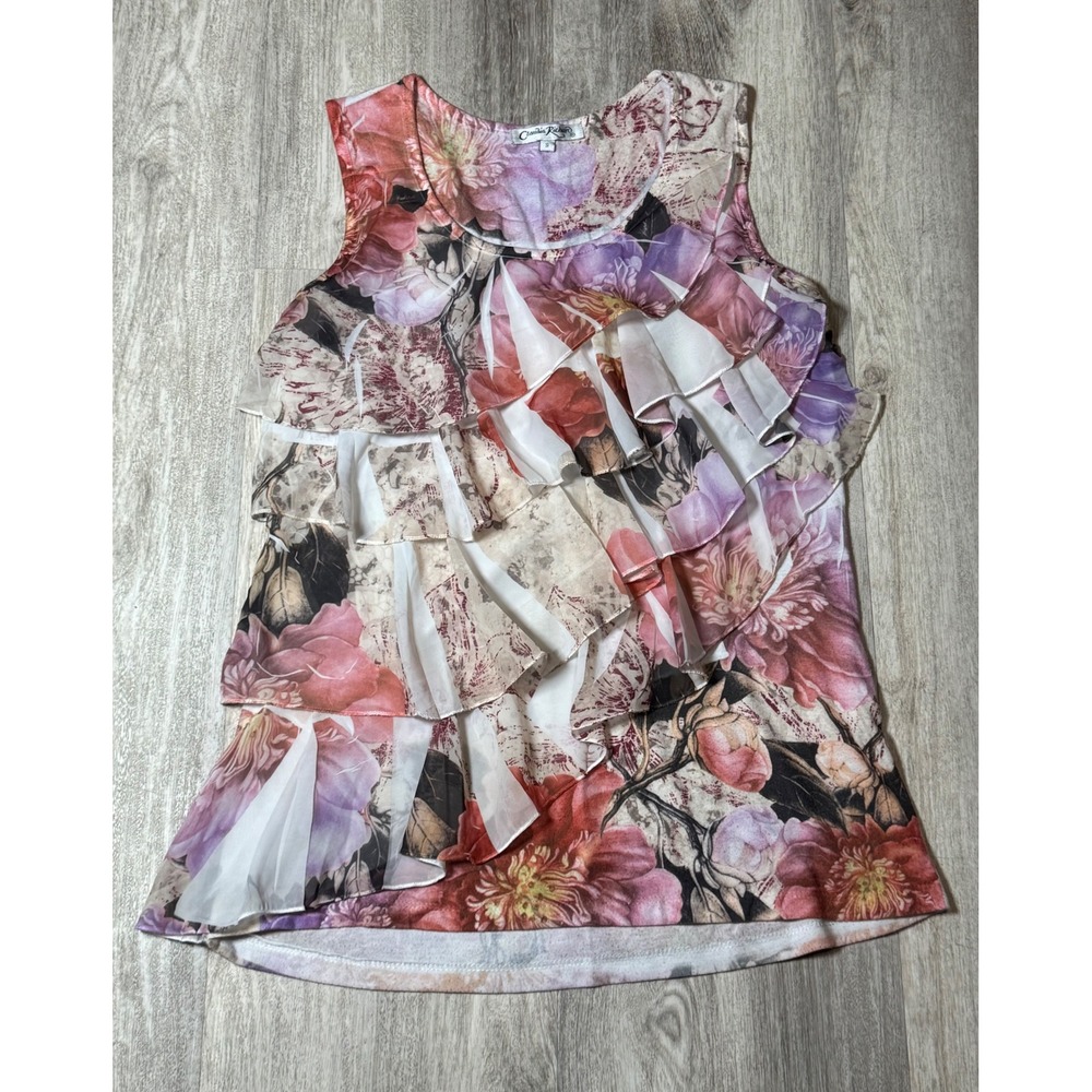 Claudia Richard Floral Ruffle‎ Sleeveless Top Women's Size S y2k